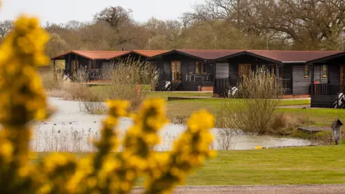high lodge leisure - a set of traditional suffolk style lodges around a small lake. the lodges are clad in black wood with red tiled roofs