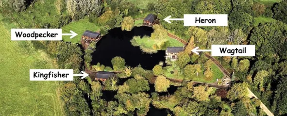 Aerial site map of Badwell Ash Lodges, Suffolk, labelling the lakeside lodges