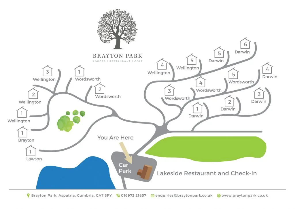 Site map of Brayton Park, Aspatria, showing lodge locations, car park and lakeside restaurant