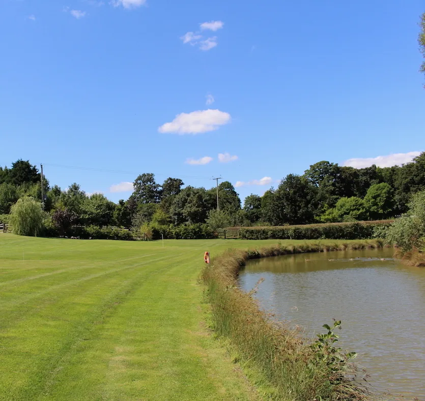 On site coarse fishing lake with mown grass bank and trees beyond