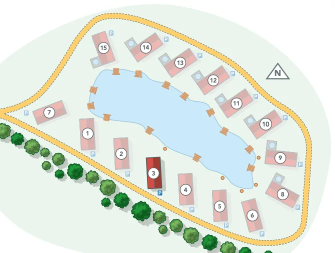 Site map of High Lodge Leisure showing numbered lodges around the lake