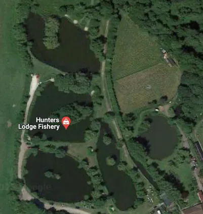 Aerial map view of Hunters Lodge fishery at Elsham, Lincolnshire, showing four lakes