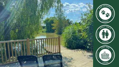 Decked private fishing peg and lake view at Mill Farm Leisure, Wrangle, Lincolnshire