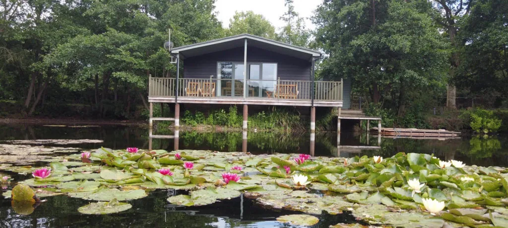 Lodge on stilts above the lake with water lilies and a private peg at Norfolk Lodge Holidays