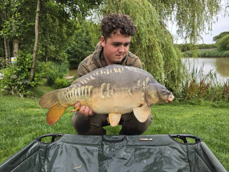 An angler holding a large mirror carp beside the water at Opal Lakes Lodges, Shropshire