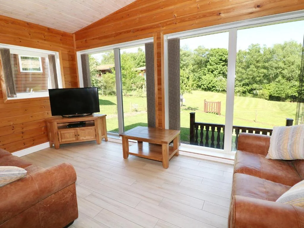 Lodge lounge with floor to ceiling windows looking out over grass and woodland