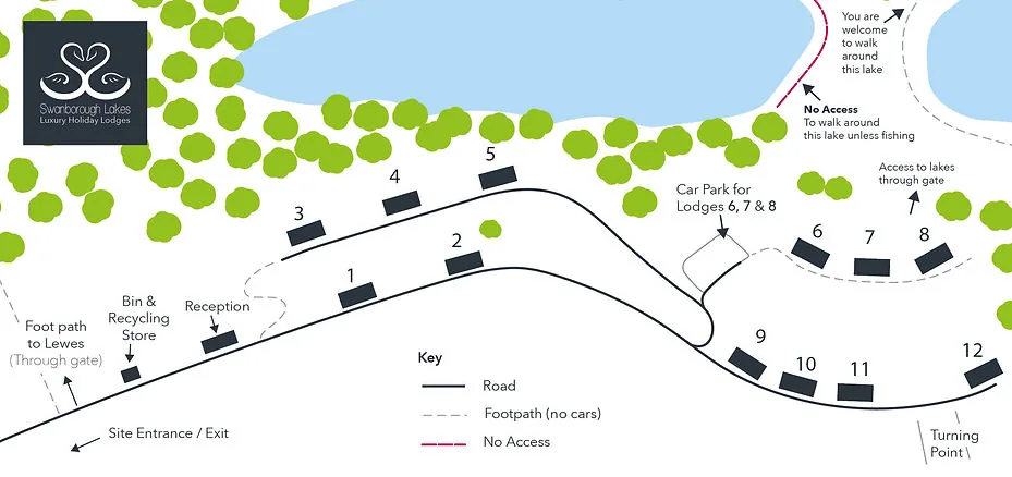 Site map of Swanborough Lakes, Lewes, showing the lodge numbers, lakes and access paths