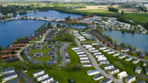 Aerial view of lodges and caravans around the lakes at Tattershall Lakes, Lincolnshire