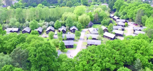 Aerial view of timber lodges set among woodland at Tilford Woods lodge park