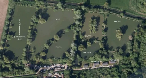 Labelled aerial map of the lakes and lodges at Viaduct Fishery Lodges in Somerset