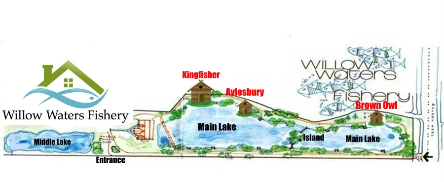 Illustrated site map of Willow Waters Fishery showing lakes, lodges and entrance